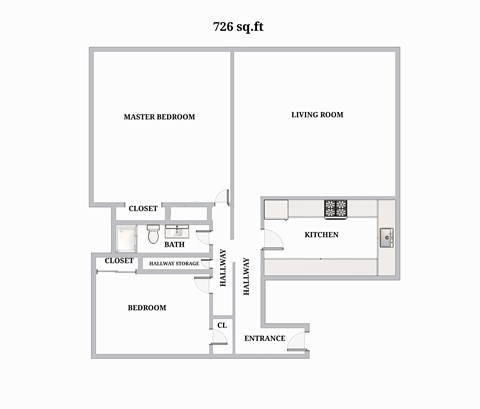 Floor plan for 2 beds, 1 bath, 756 sqft